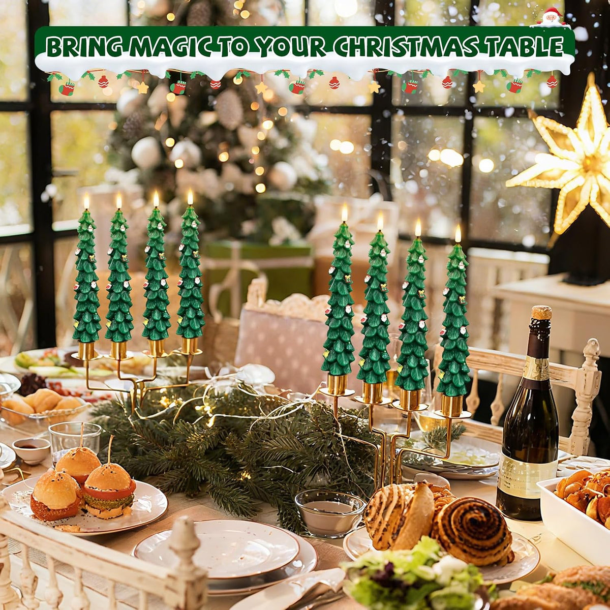Flameless Christmas Tree Candles with Remote, 4 Pack 9.8” LED Battery Operated Taper Candles, Green 3D Sticker Flickering Candlesticks for Holiday Home Decoration