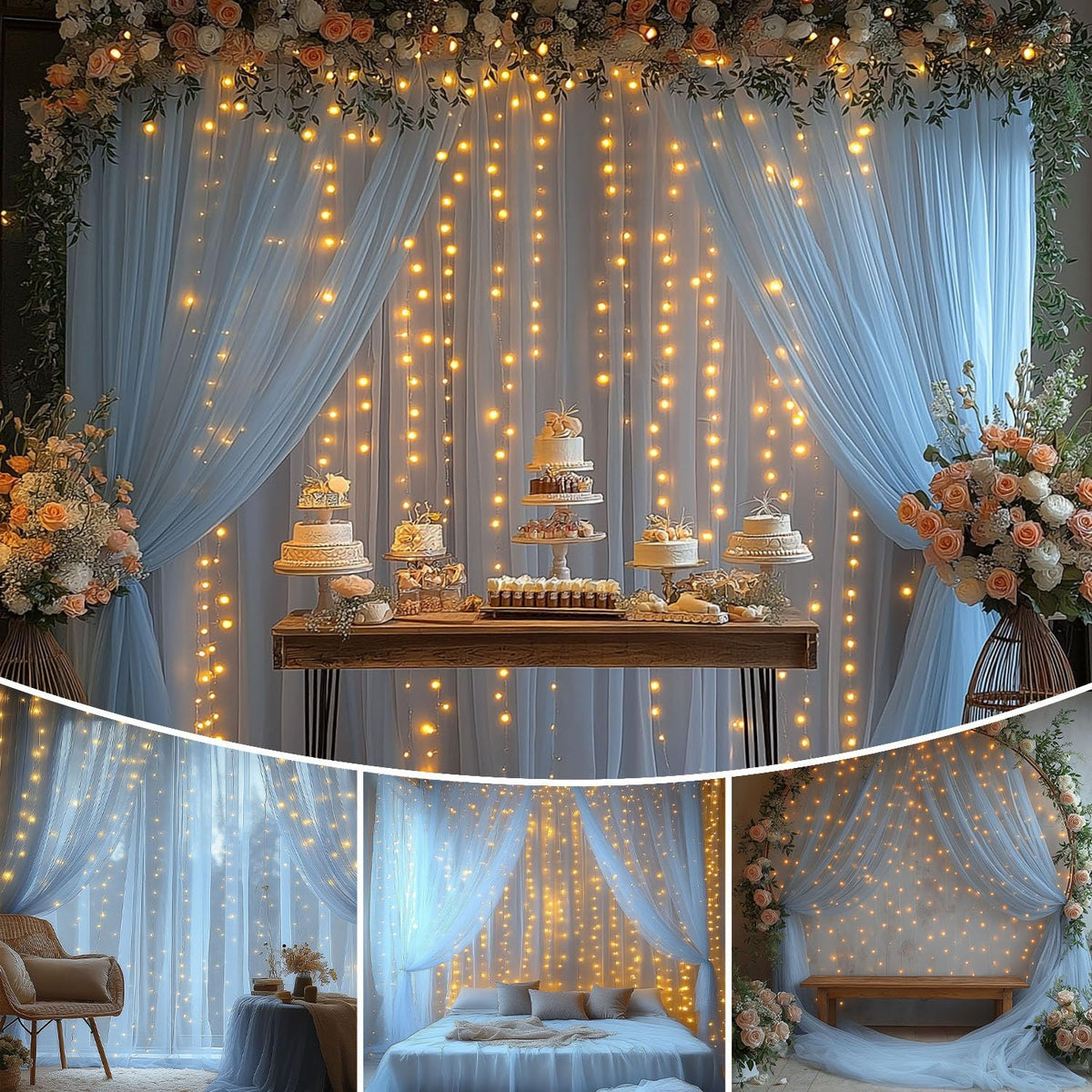 10x10ft Baby Blue Tulle Backdrop Curtain with Lights String Sheer Drapes for Baby Shower Decorations for Boy, Bridal Shower, Photo Booth, Birthday Party Decor(2 Panels)