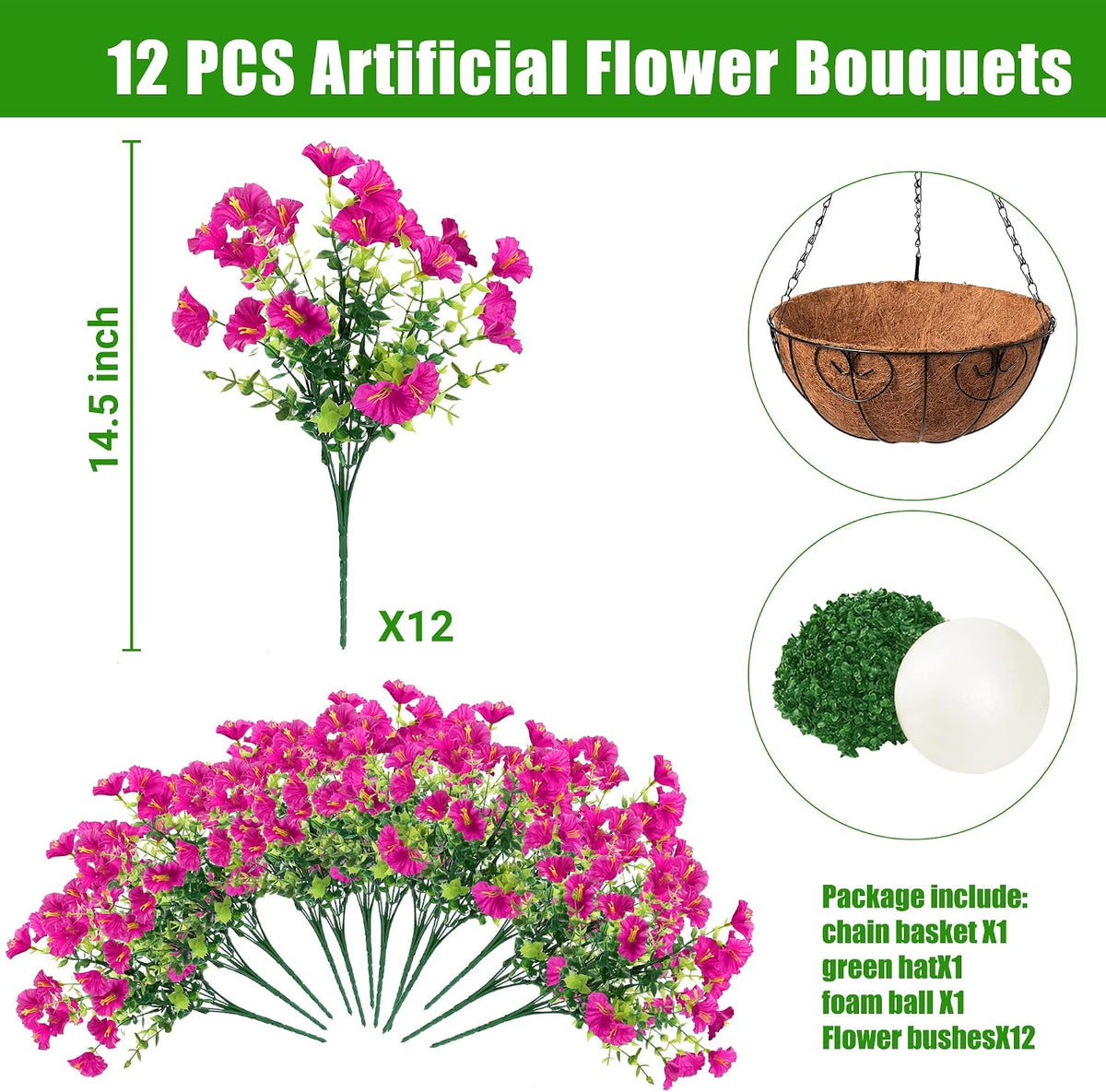 Sggvecsy Artificial Flowers for Outdoors with Baskets Hanging Plant Faux Flowers UV Resistant Fake Silk Morning Glory with Eucalyptus for Planter Porch Garden Home Spring Summer Decoration(Fuchsia)
