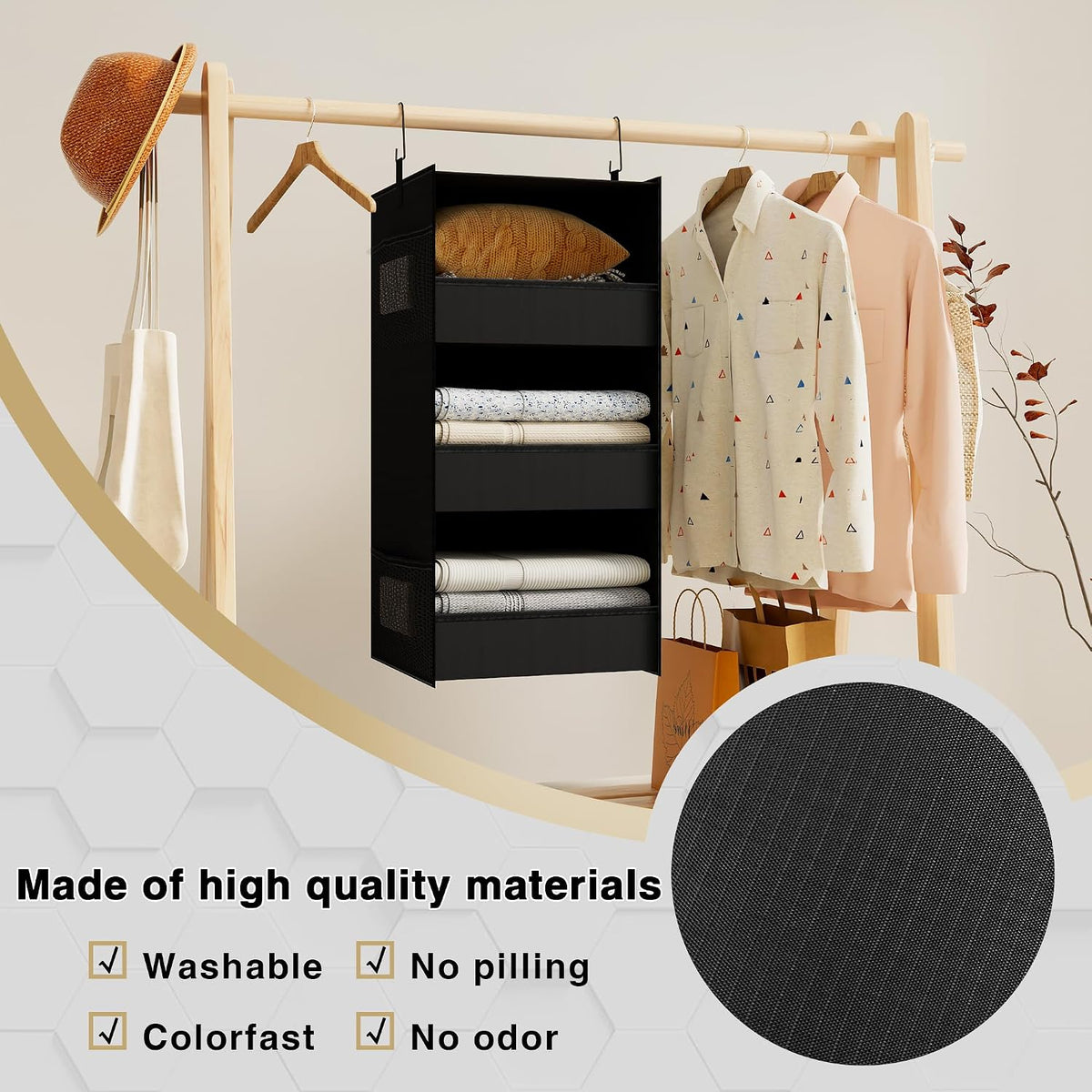 3-Shelf Hanging Closet Organizer, Washable Foldable Storage Shelves, Black