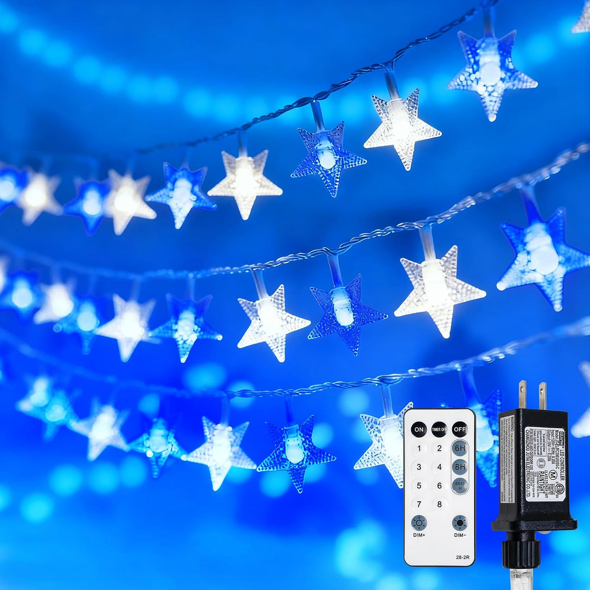 39FT 100 LED Blue White Star String Lights Plug in