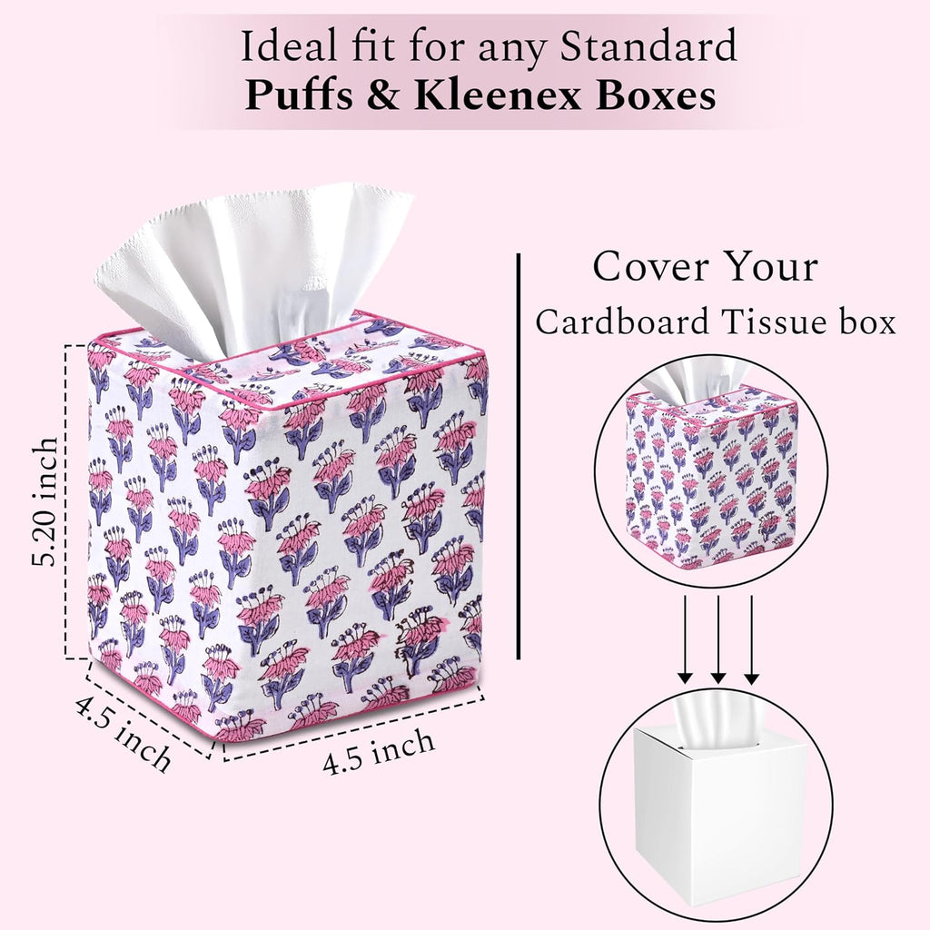 CPC 100% Cotton Piping Block Print Tissue Box Cover, Pink Sapphire