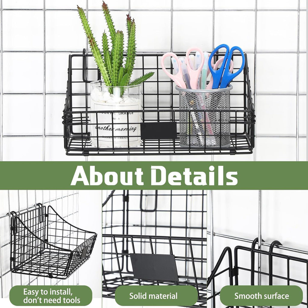 Blulu 4 Pcs Grid Wall Baskets, Wire with Hooks for Hanging, 11 x 6 x 5 Inch