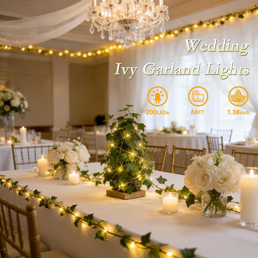 66FT Ivy Vines with Fairy Lights, IP44 Waterproof 200LED String Lights with 8 Modes & Timer, Battery Operated Artificial Greenery Garland for Aesthetic Bedroom Wall Decor, Party, Wedding
