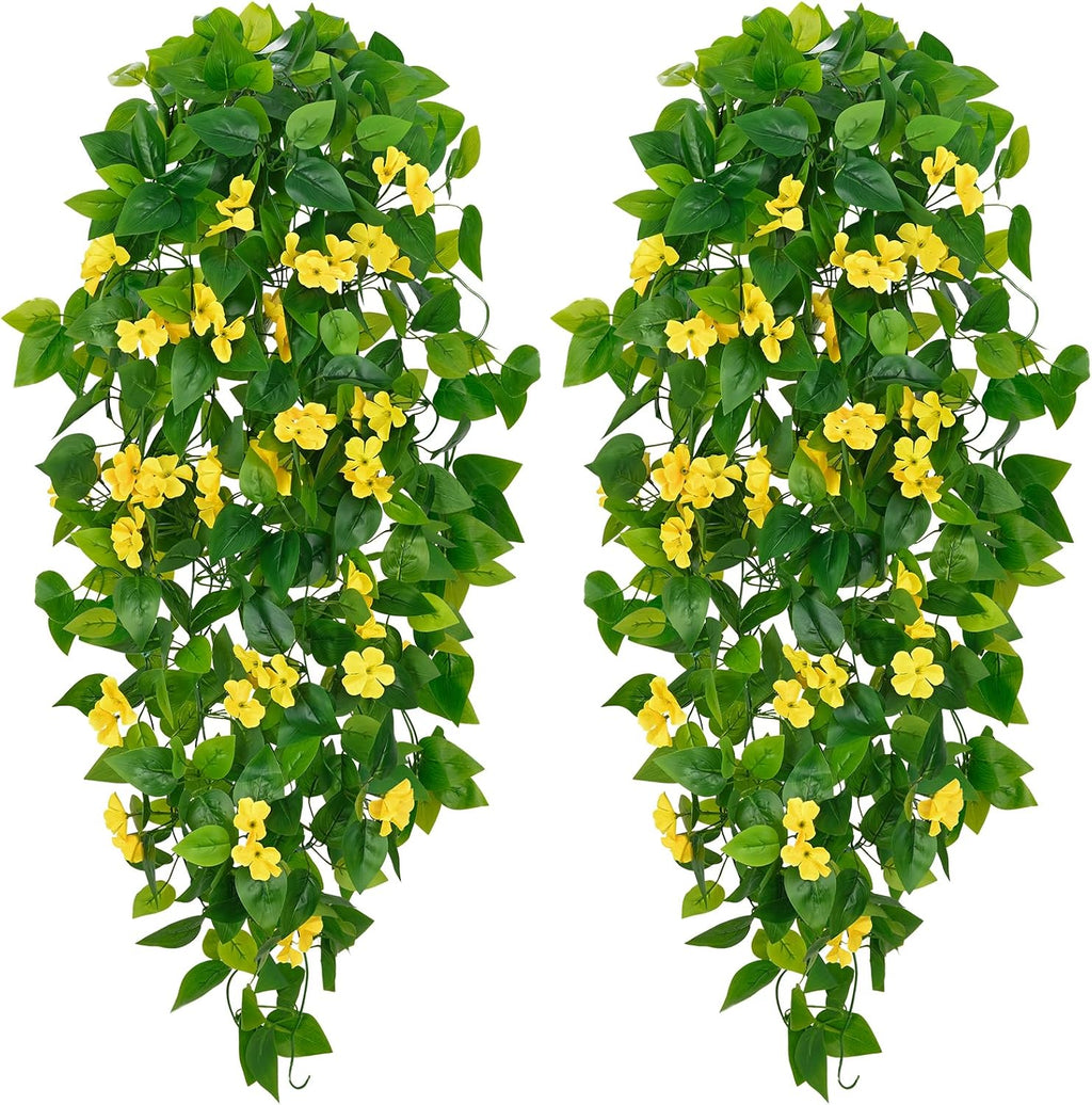 BLEUM CADE Artificial Hanging Flowers for Outdoors, 2pcs Fake Hanging Plants Pothos Vines with Yellow Flowers for Wall Home Living Room Indoor Outdoor Decor (No Baskets)