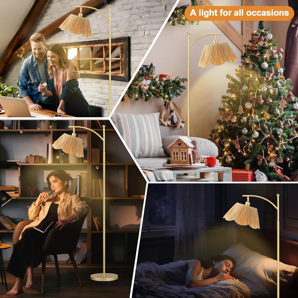 Ambimall 60" Floor Lamps for Living Room with 3 Color Temperatures, Gold Floor Lamp with Rattan Shade, Modern Tall Lamps for Bedroom Office, 9W LED Bulb Included