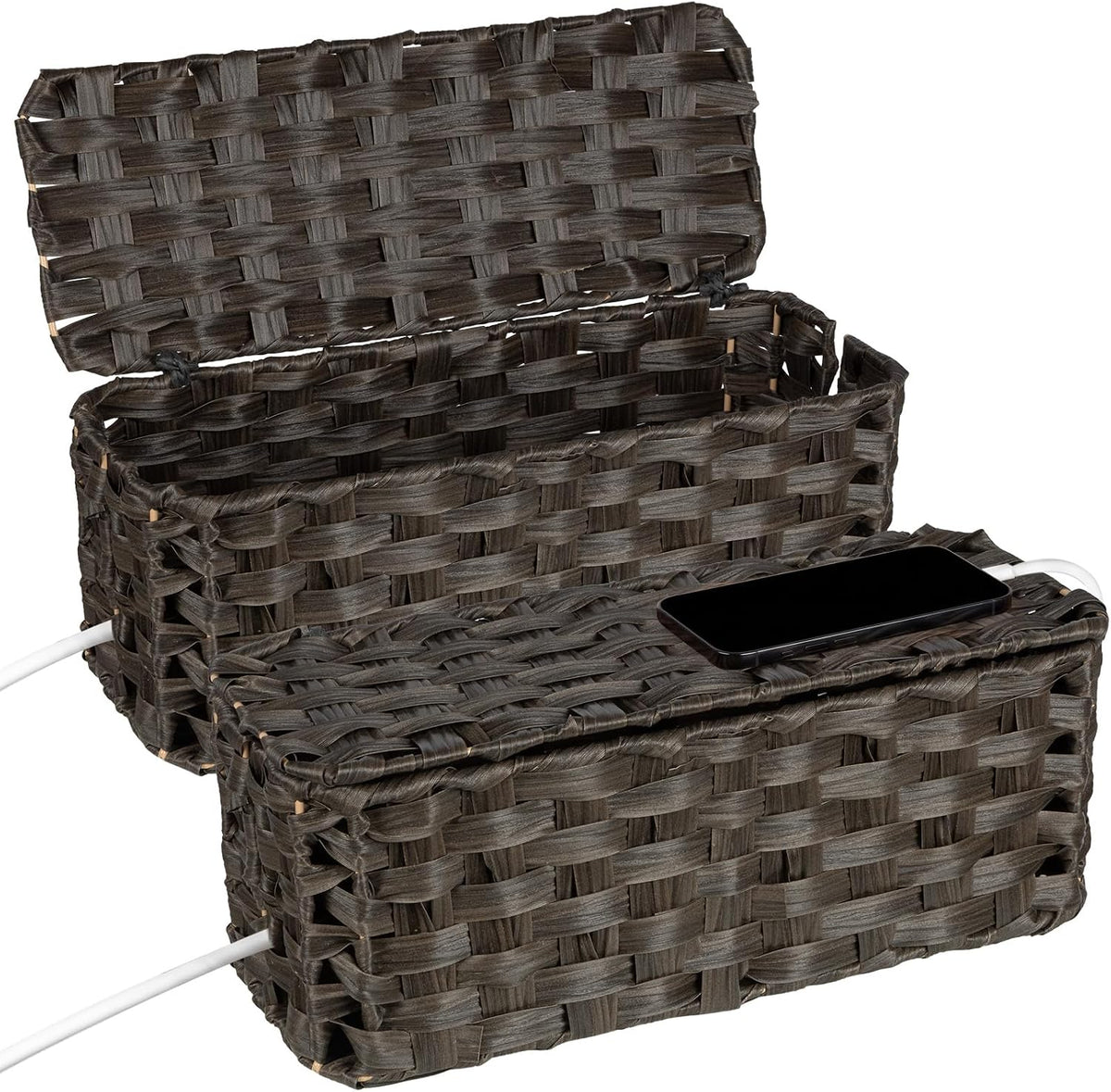 2 Pack Handwoven Cable Management Box with Lid, Decorative Cord Organizer for Power Strips, Chargers, TV Wires, Desk, Home & Office Storage, Plastic Rattan Strap