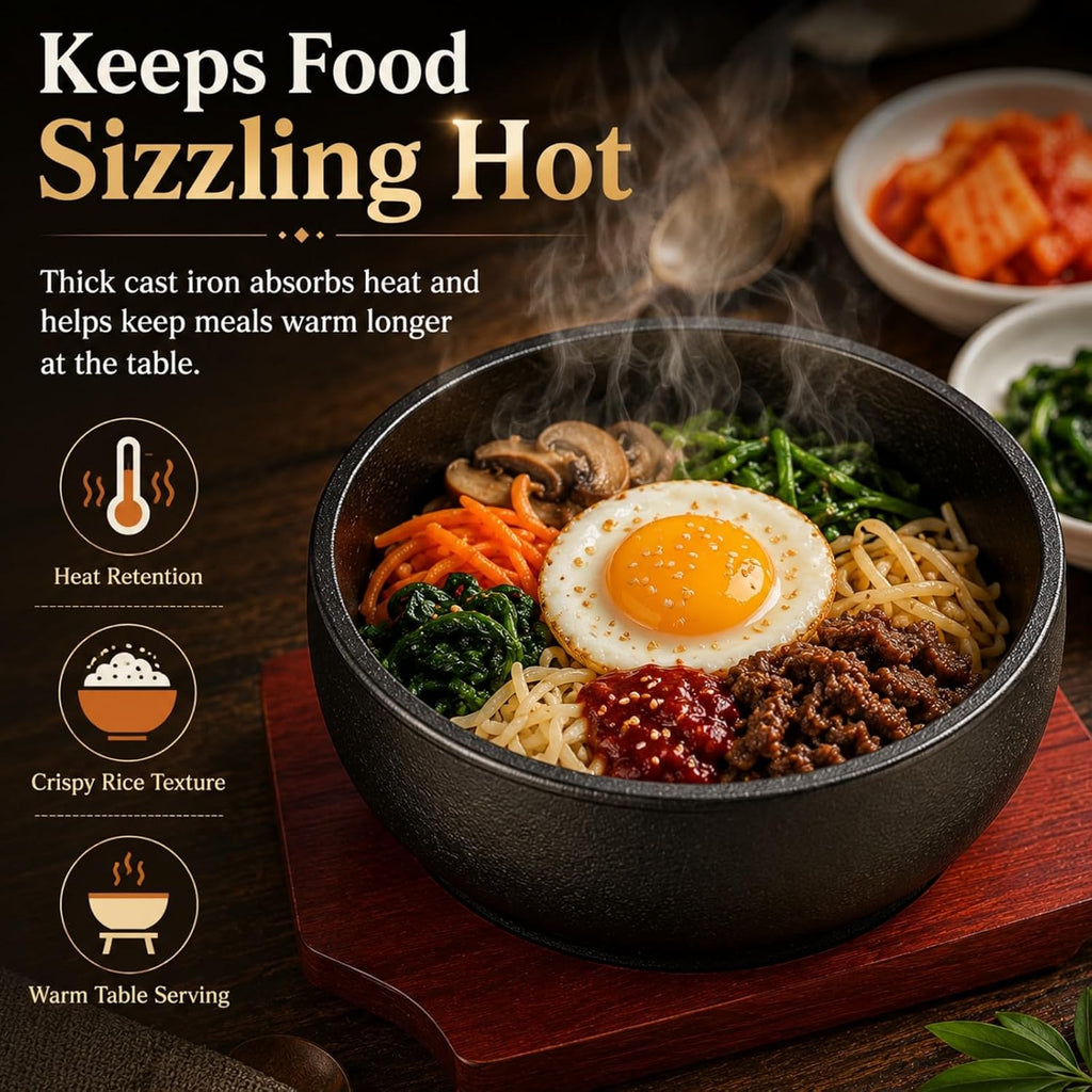 XICHENGSHIDAI Cast Iron Dolsot Bibimbap Bowl, 47 Oz, Wooden Base