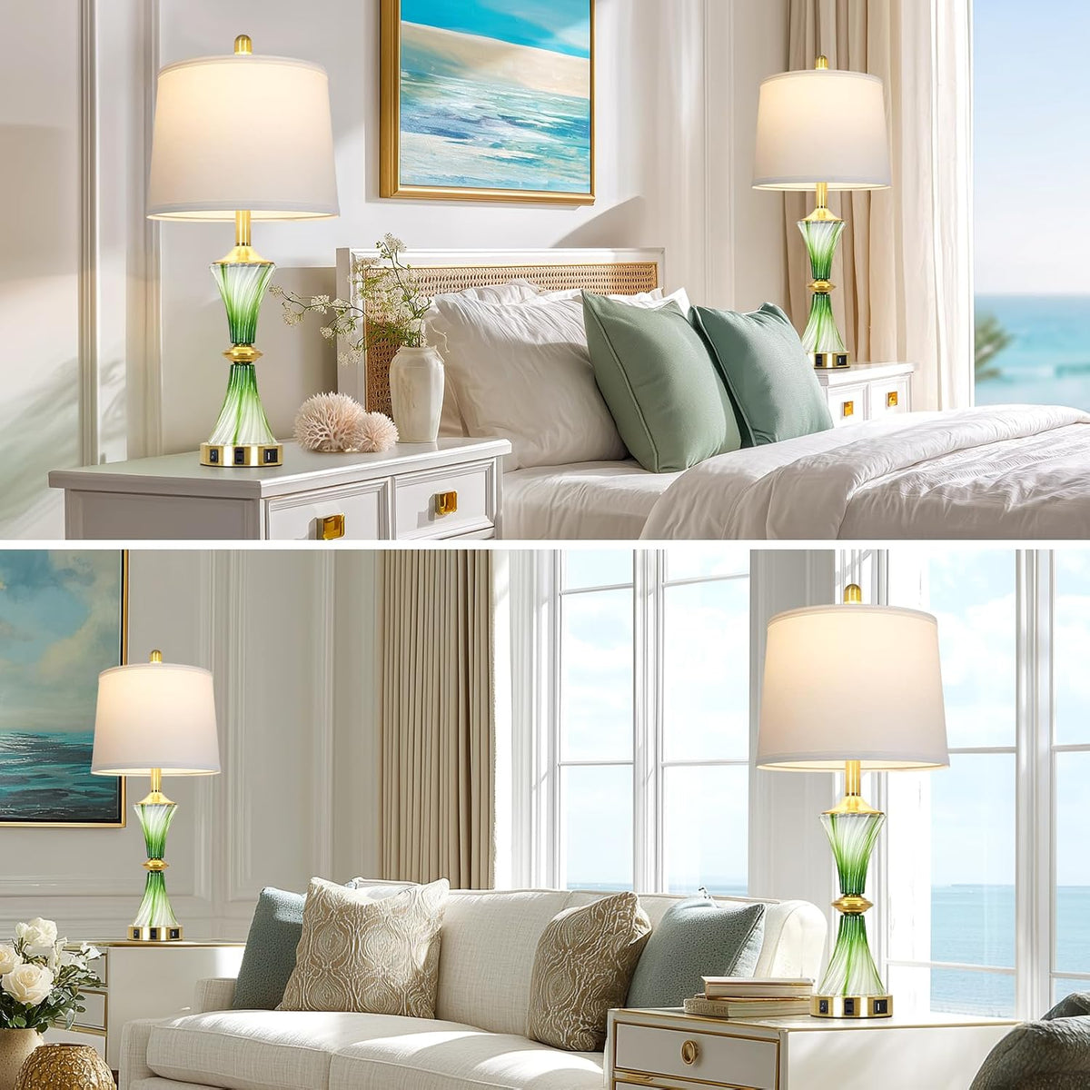 Rinweey Green Glass Table Lamp Set of 2 with USB C+A Ports & AC Outlet, Bedside Lamp, Modern Bedroom Lamps, Coastal Lamp for Night Stands Bedroom Living Room,Nightstand Lamp LED Bulbs Included