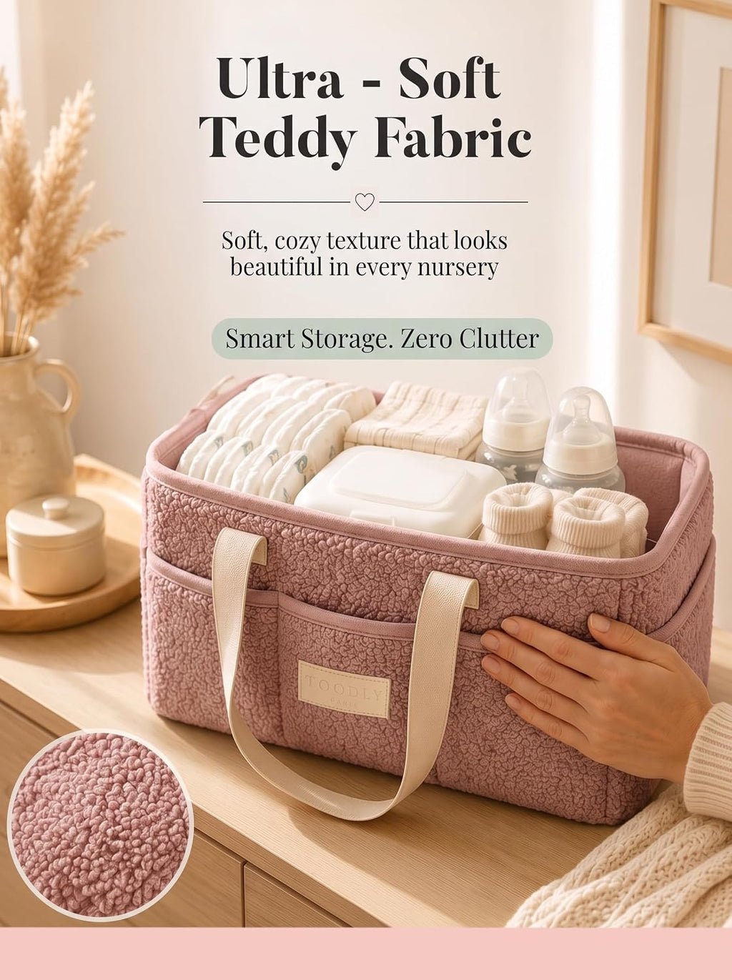 Baby Diaper Caddy Organizer with Waterproof Changing Pad, Pink
