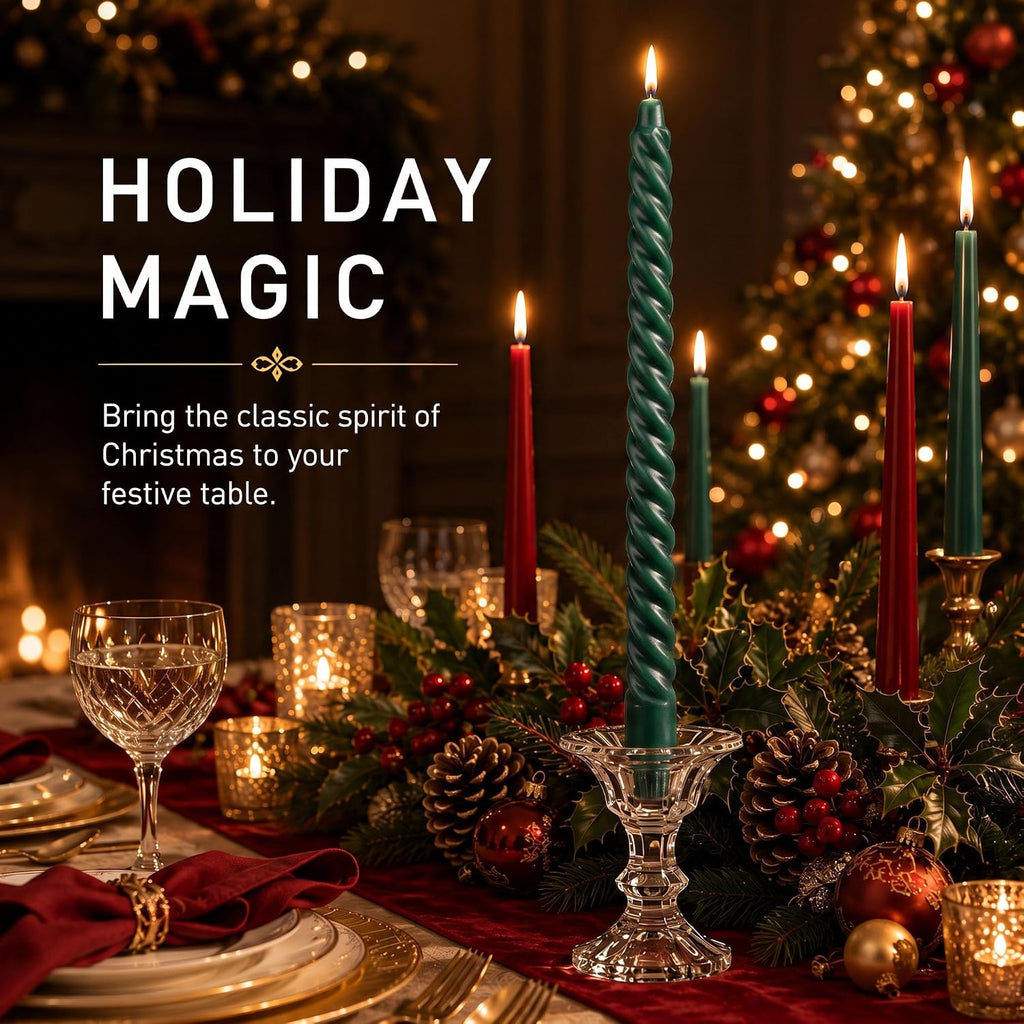 Hunter Green Spiral Taper Candles 4 Pack 7/8 X 10 Inch Smokeless Unscented Long Tall Twisted Candle Sticks for Christmas Holiday Home Decor Dinner Table Party Wedding Candlesticks