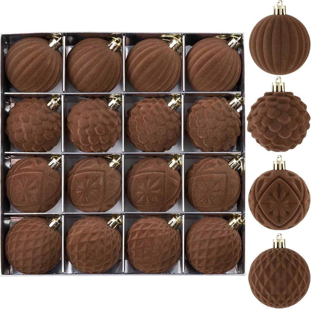 BLEUM CADE 16Pcs Brown Velvet Shatterproof Christmas Ball Ornaments