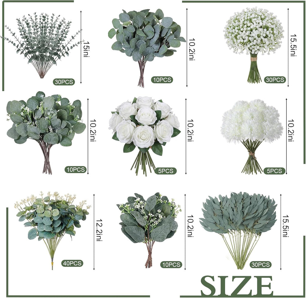 Tigeen 180 Pcs 10 Kinds Mixed Artificial Eucalyptus Stems Bulk for Wedding