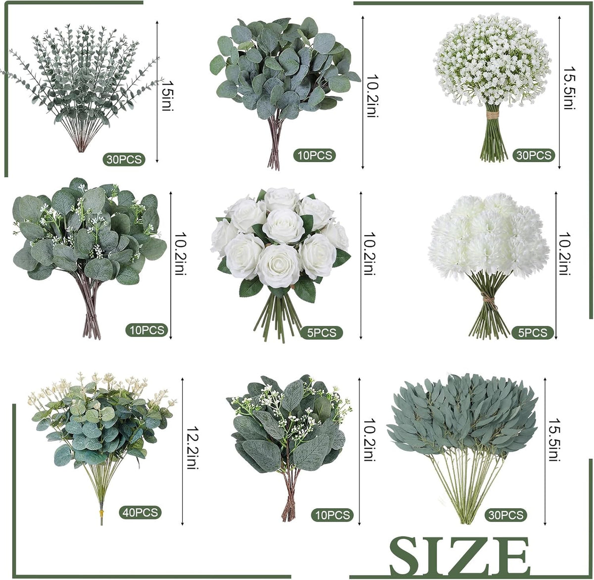 Tigeen 180 Pcs 10 Kinds Mixed Artificial Eucalyptus Stems Bulk for Wedding