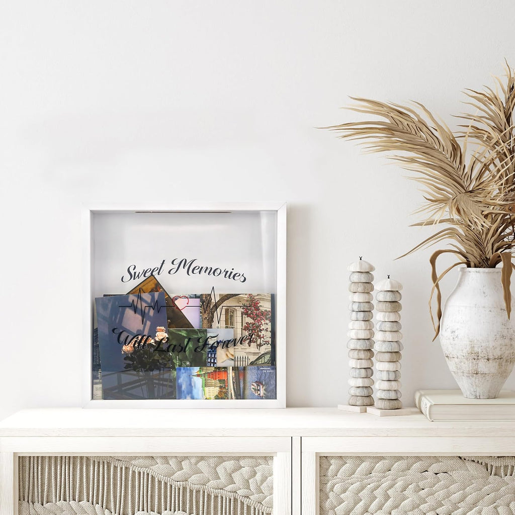 FramePro 12"x12" Travel Shadow Box with Slot – Adventure Archive Memory Box for Tickets, Souvenirs & Photos | Wall-Mountable Keepsake Display Case with Real Glass & Wood Frame (White)