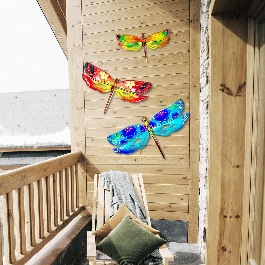 John's Studio Dragonfly Wall Decor Outdoor Metal Garden Hanging Art Glass Sculptures Home Insect Theme Decorations for Living Room, Bedroom Yard, Fence and Patio - 3 PCS