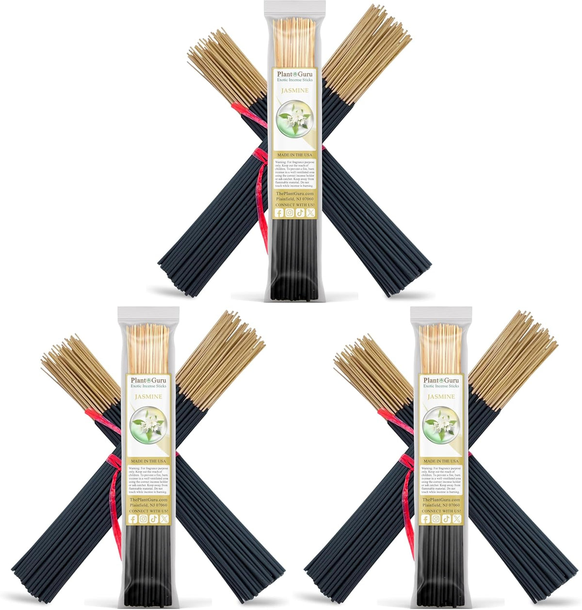 Jasmine Incense Sticks 11" - 1 Bundle 85 to 100 Sticks - Smooth and Clean Long Burn Time, 45 to 60 Minutes. (Pack of 3)