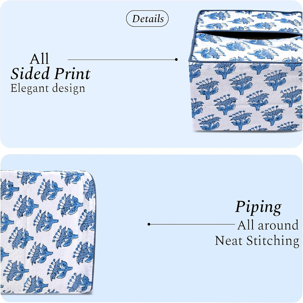 CPC 100% Cotton Piping Block Print Tissue Box Cover, Apatite Blue