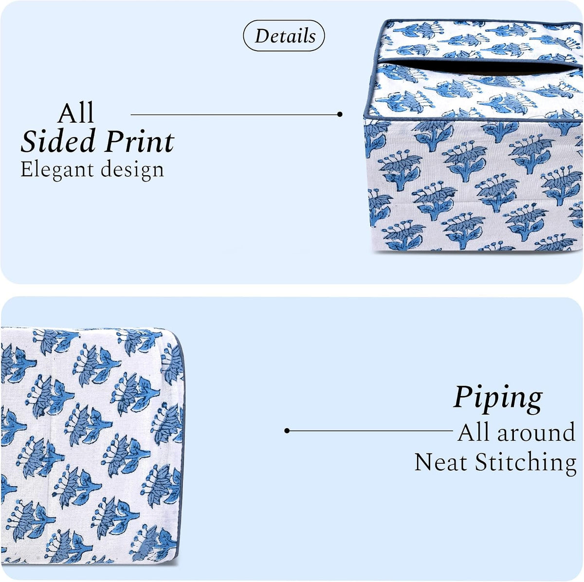 CPC 100% Cotton Piping Block Print Tissue Box Cover, Apatite Blue