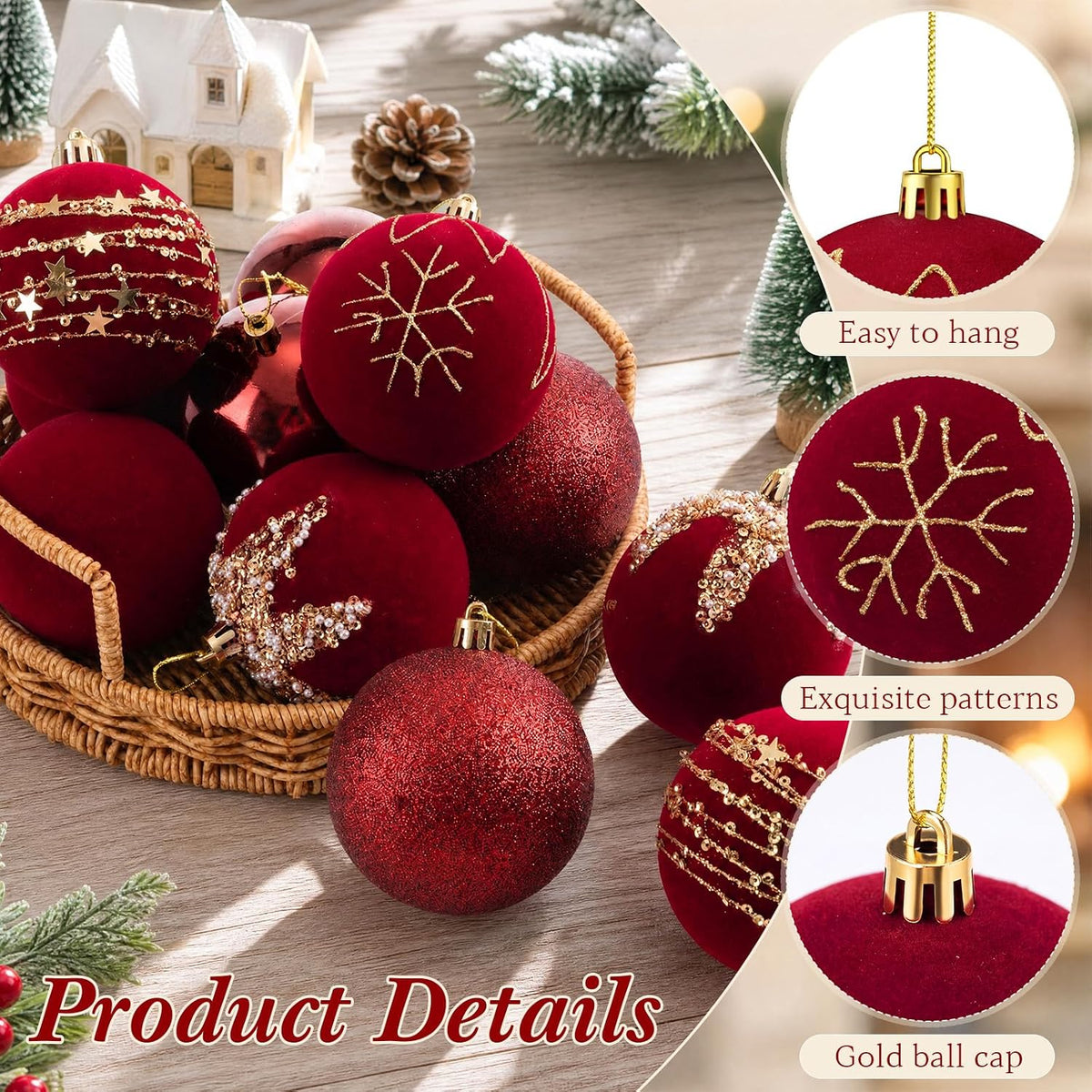 Syhood 12 Pcs Burgundy Velvet Christmas Ball 3.15 Inch Flocked Ornament