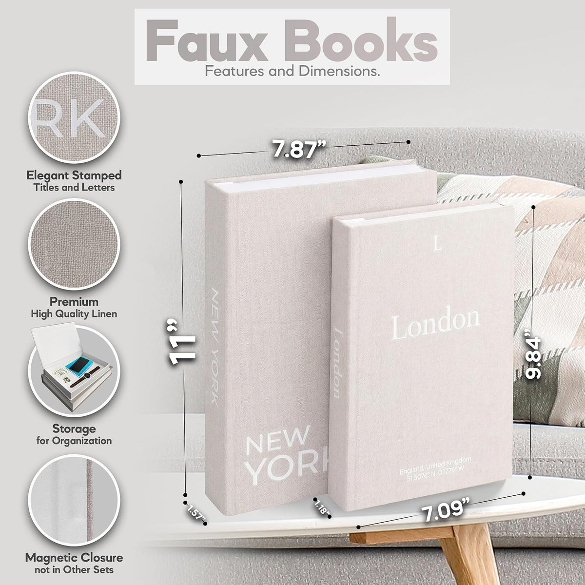 Faux Book Storage Box Set of 2—Beige/Beige—Decorative Faux Books with Hidden Storage for Coffee Table Decor, Bookshelf or Mantle—Linen Decorative Boxes—Aesthetic Book Decor for Home