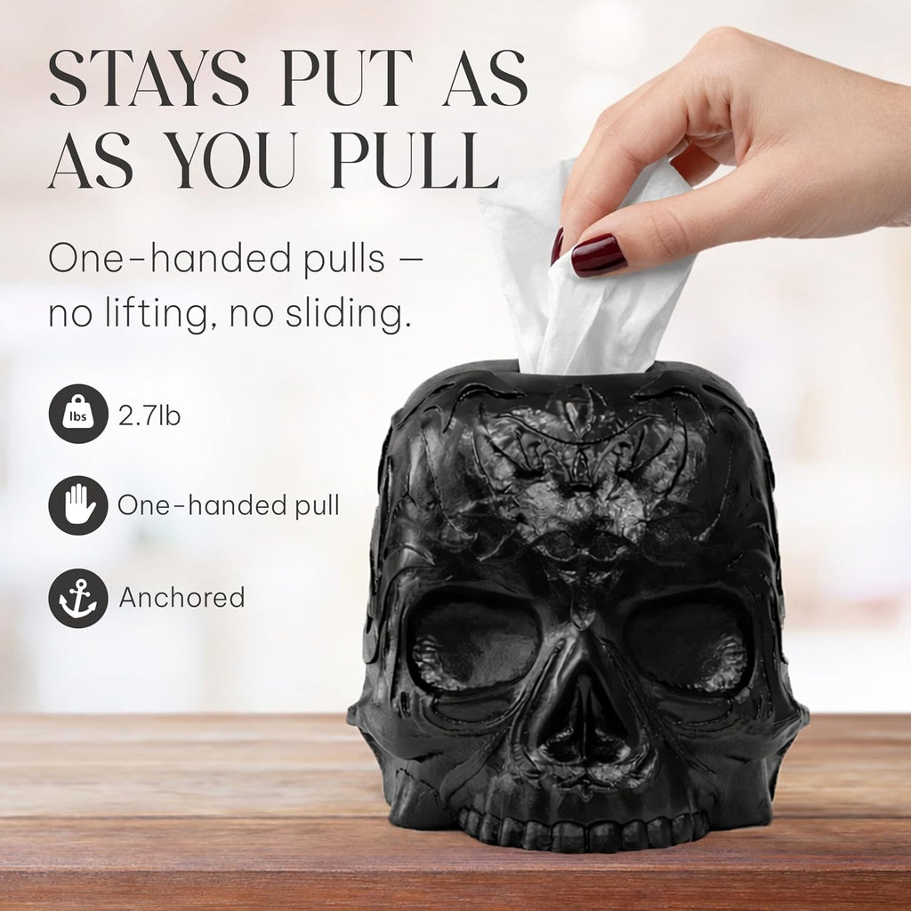 Gothic Skull Tissue Box Cover, Black, Square by Death Decor