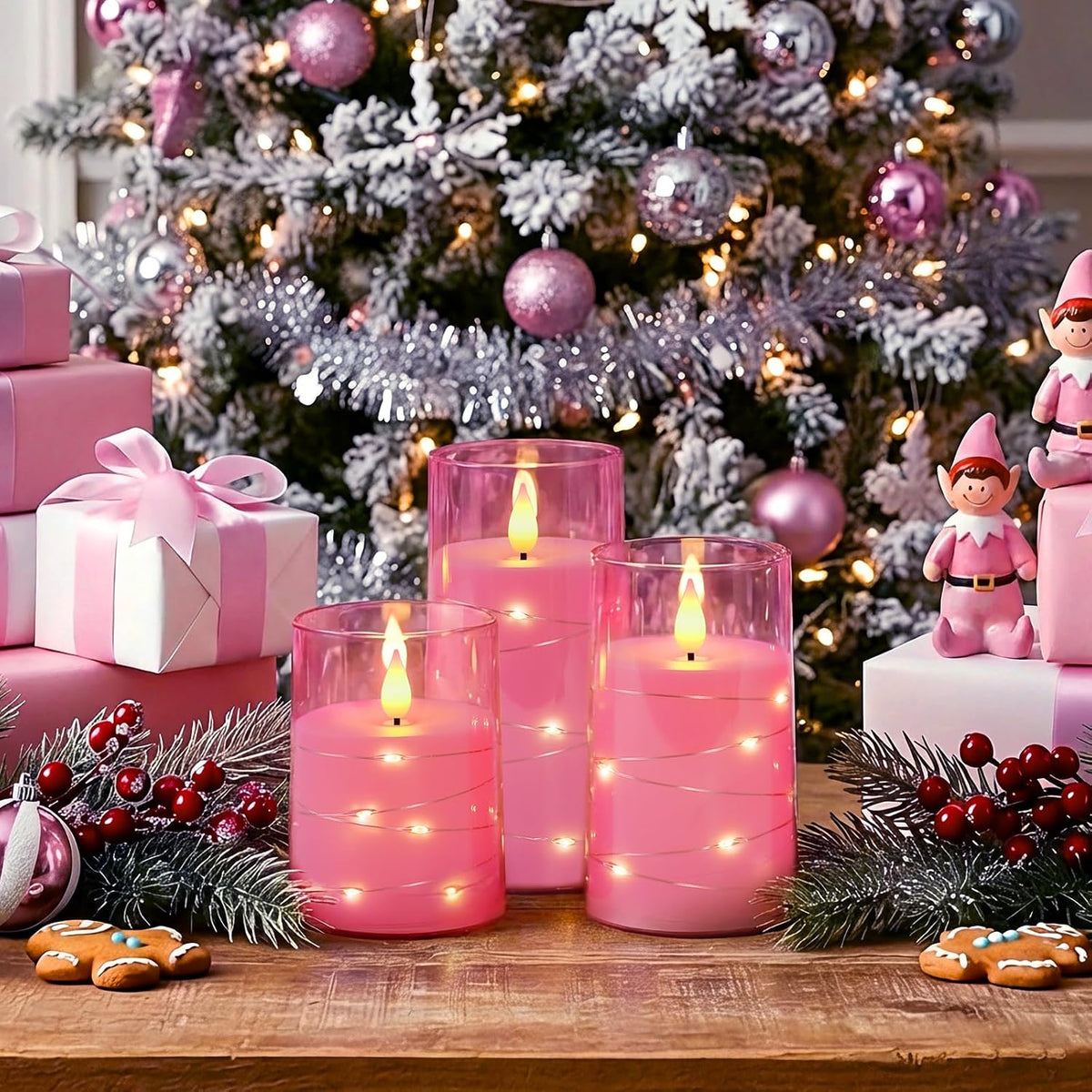 Homemory Flickering Flameless Candles, Pink LED Pillar Candles with Remote