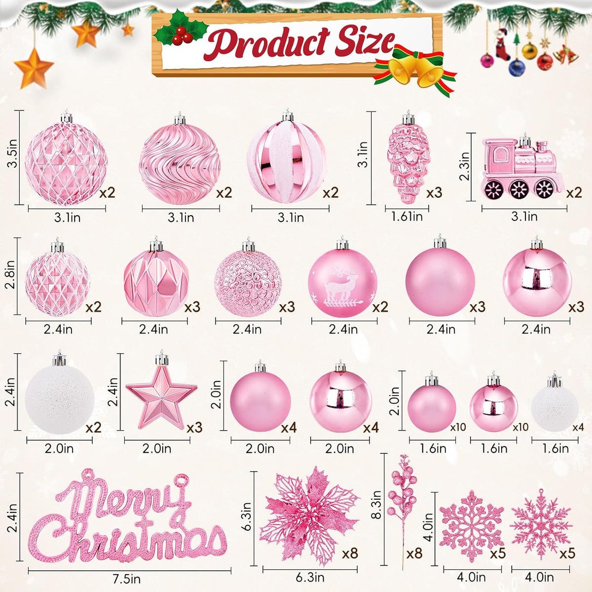 Ktinnead 94 Pcs Christmas Tree Decorations Set, Pink Shatterproof Christmas Tree Hanging Ball Ornaments with Glitter Poinsettia Flowers Decorations Berries Snowflakes for Xmas Party Holiday Wedding