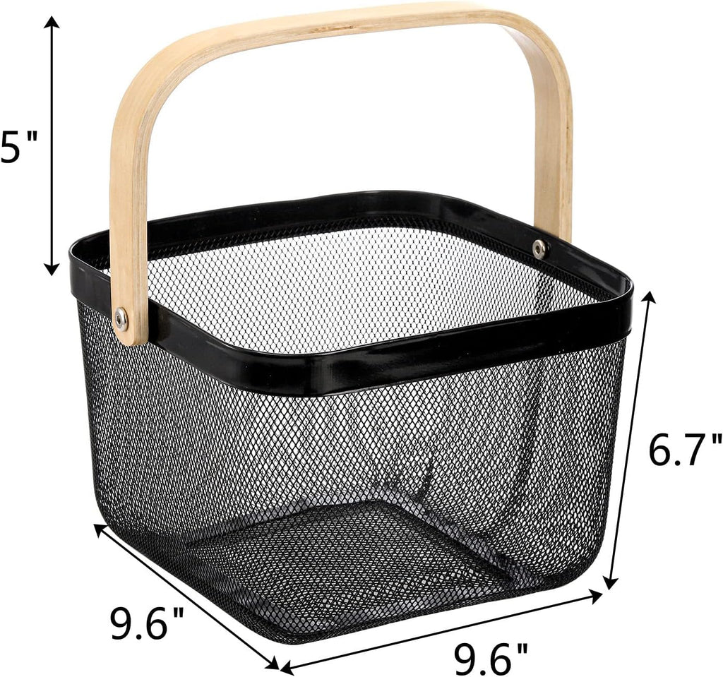 ZEAYEA Mesh Steel Fruit Basket Bin with Handle, Multi-functional Hanging Storage Organizer Garden Harvest Basket, Metal Wire Kitchen Basket for Cabinet, Pantry, Bathroom, Picnic, Home Decor, Black