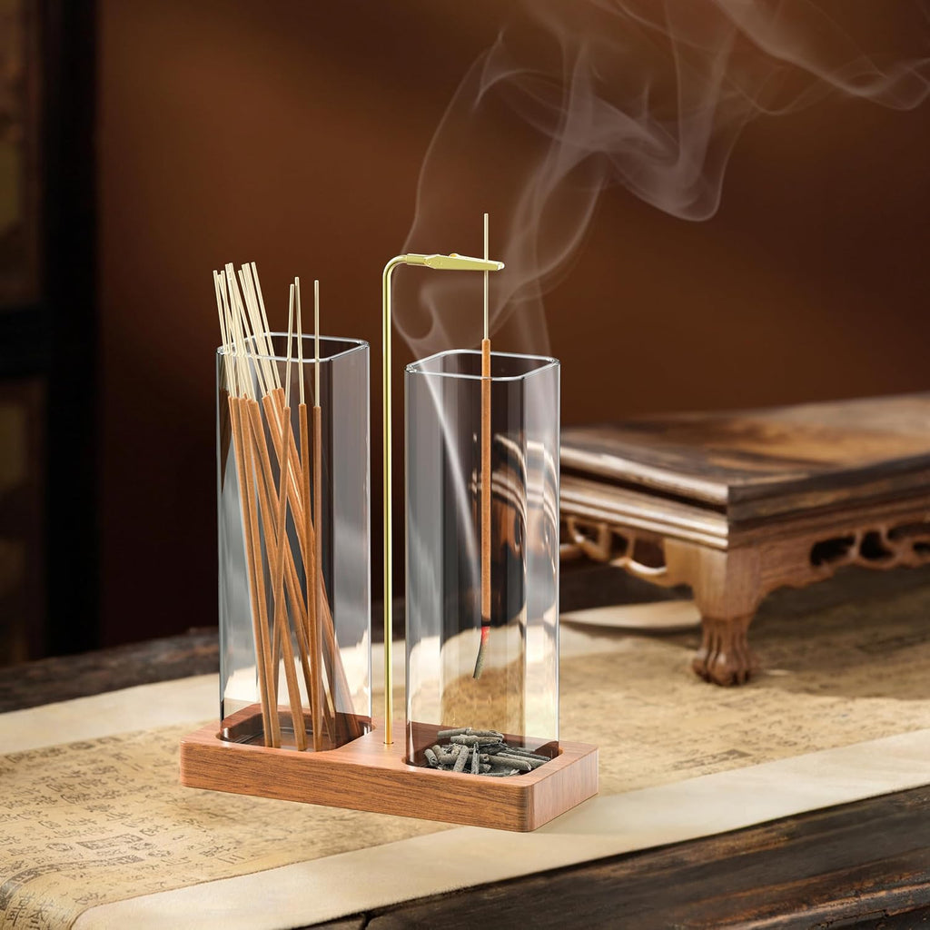 Incense Holder for Sticks, 2 in 1 Incense Burner with Glass Jars, Upside Down Incense Holder with Ash Catcher & Storage for Meditation Yoga Spa Home Decor with 20 Incense Sticks & Brush