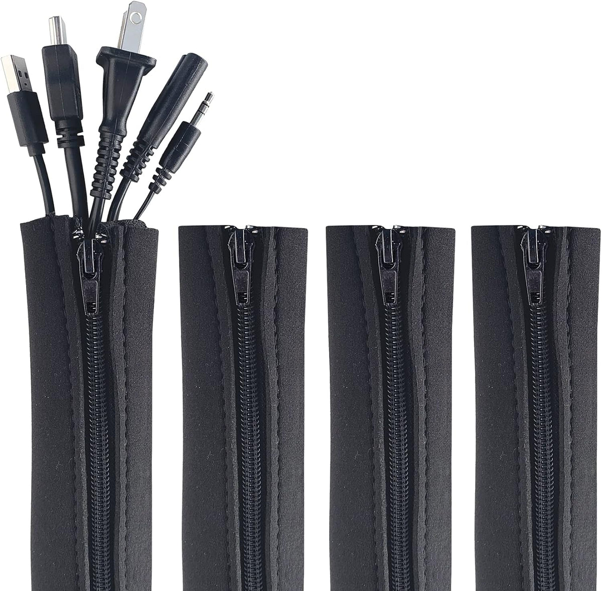 Wrap-It Storage Zipper Cable Sleeve, Black, 24", 4-Pack