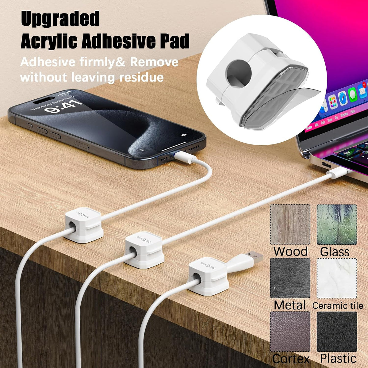 [9 Pack] Magnetic Cable Clips,Easy to Adjust Cables or Wires,Enhanced Adhesive Wire Holder Keeper Organizer,Desk Cable Management, NIRXUBLA Cable clips for office,car,kitchen,workspace,Bedroom (White)