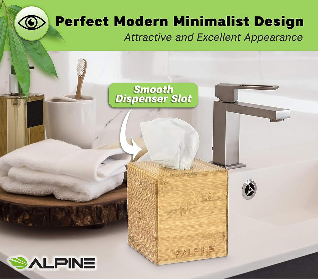 Alpine Industries Wooden Bamboo Square Tissue Box Cover - Eco Friendly Pull Cube Dispenser - Decorative Holder/Organizer for Bathroom, Office Desk & Car (Bamboo),405-BMB