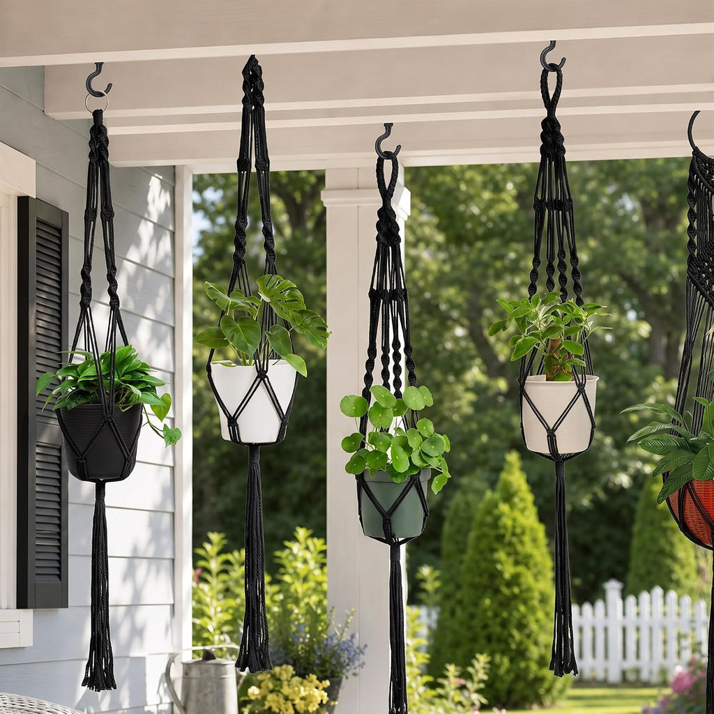 Laerjin Macrame Plant Hangers, 6 Pack Hanging Planters with Hooks, Black
