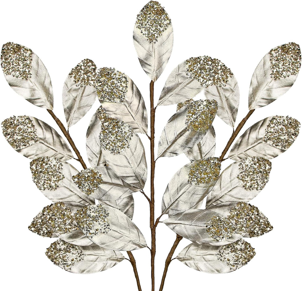 Hollyone Christmas Tree Picks and Sprays 3Pcs Champagne Artificial Magnolia Stems Magnolia Leaves Branches Fake Gold Leaf Floral for Vase DIY Xmas Tree Garland Wreath Centerpieces Wedding Decor