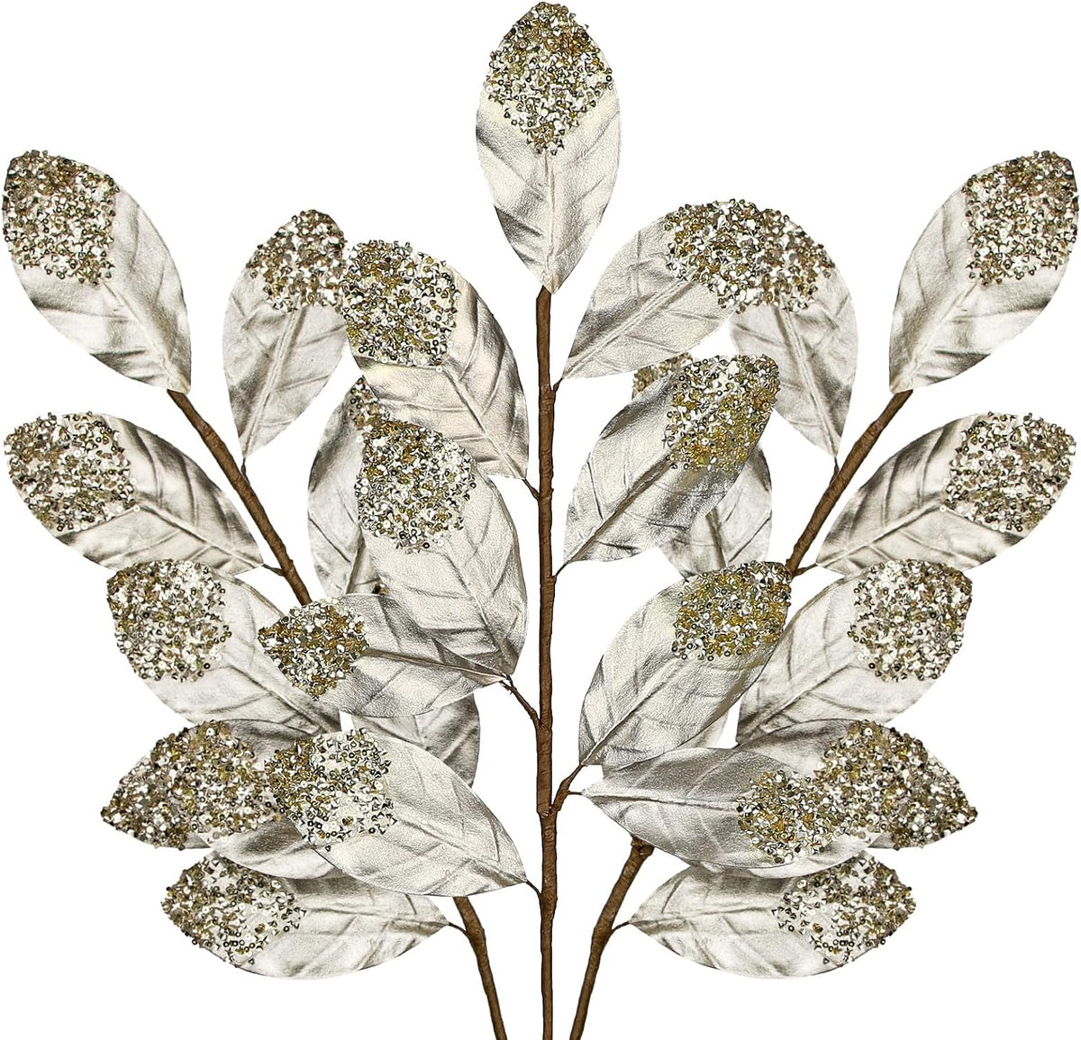Hollyone Christmas Tree Picks and Sprays 3Pcs Champagne Artificial Magnolia Stems Magnolia Leaves Branches Fake Gold Leaf Floral for Vase DIY Xmas Tree Garland Wreath Centerpieces Wedding Decor