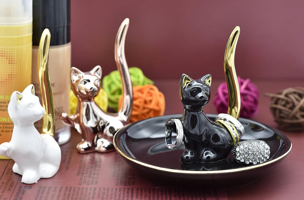 Happy Cat Posture Ring Holder Jewelry Storage Dish Trinket Tray Decorative Black/Golden Tail.
