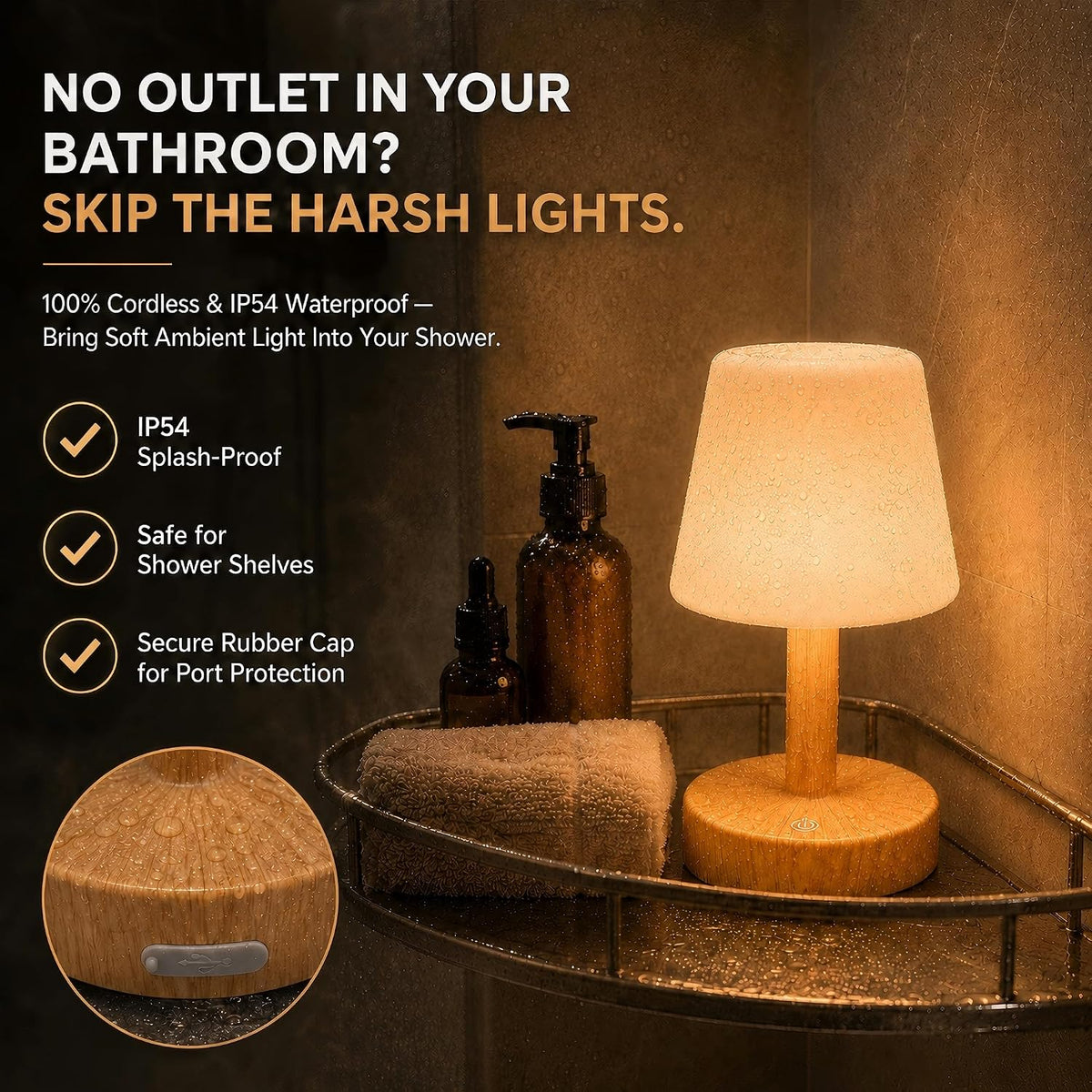 NOVEINN Shower Lamp IP54 Waterproof, Cordless Table Lamp, Wood Grain 1 Pack