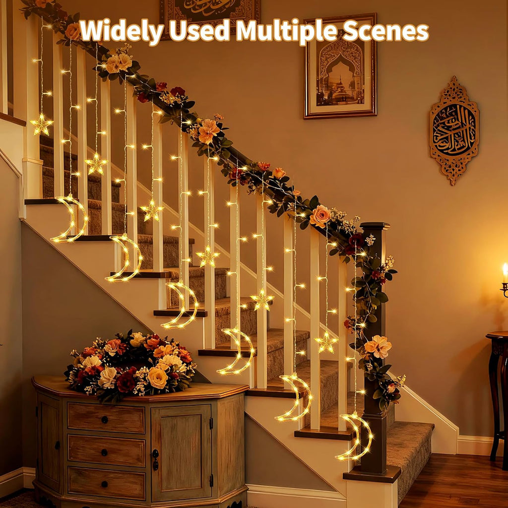 Dazzle Bright Ramadan Curtain String Lights, 138 LED Warm White Star Moon Fairy Lights 8 Lighting Modes with Remote and 12 Hooks for Bedroom Wall, Outdoor Party, Ramadan Decorations