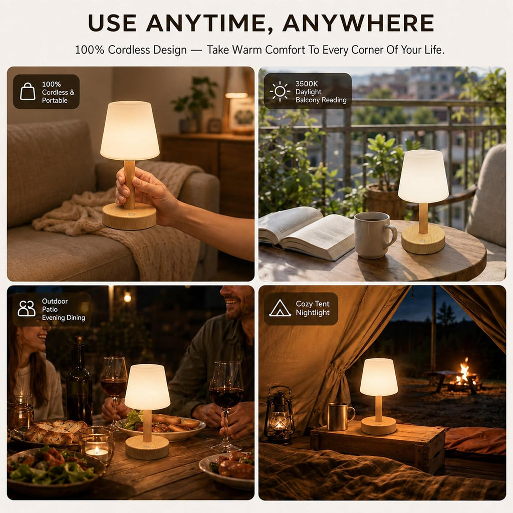 NOVEINN Shower Lamp IP54 Waterproof, Cordless Table Lamp, Wood Grain 1 Pack