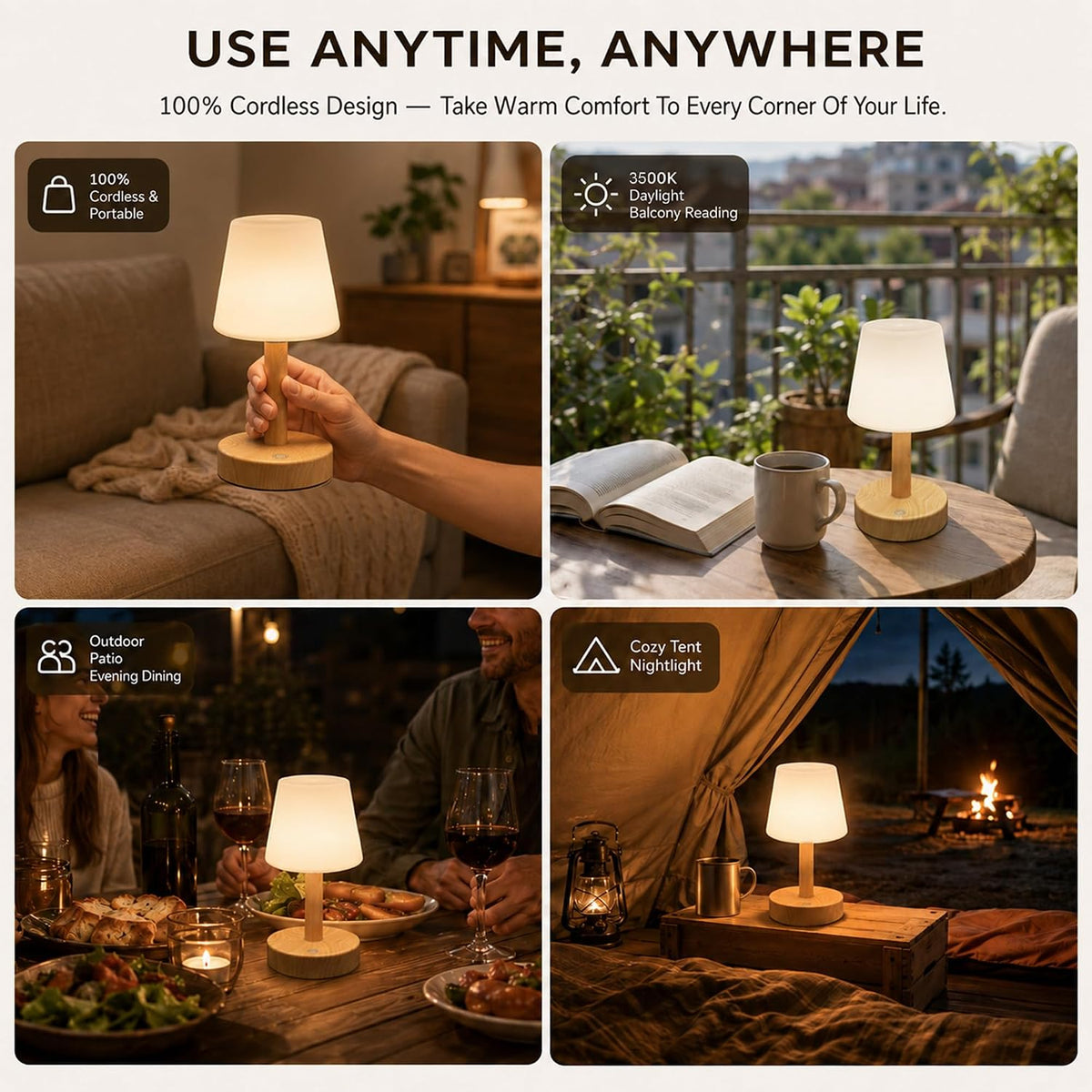 NOVEINN Shower Lamp IP54 Waterproof, Cordless Table Lamp, Wood Grain 1 Pack
