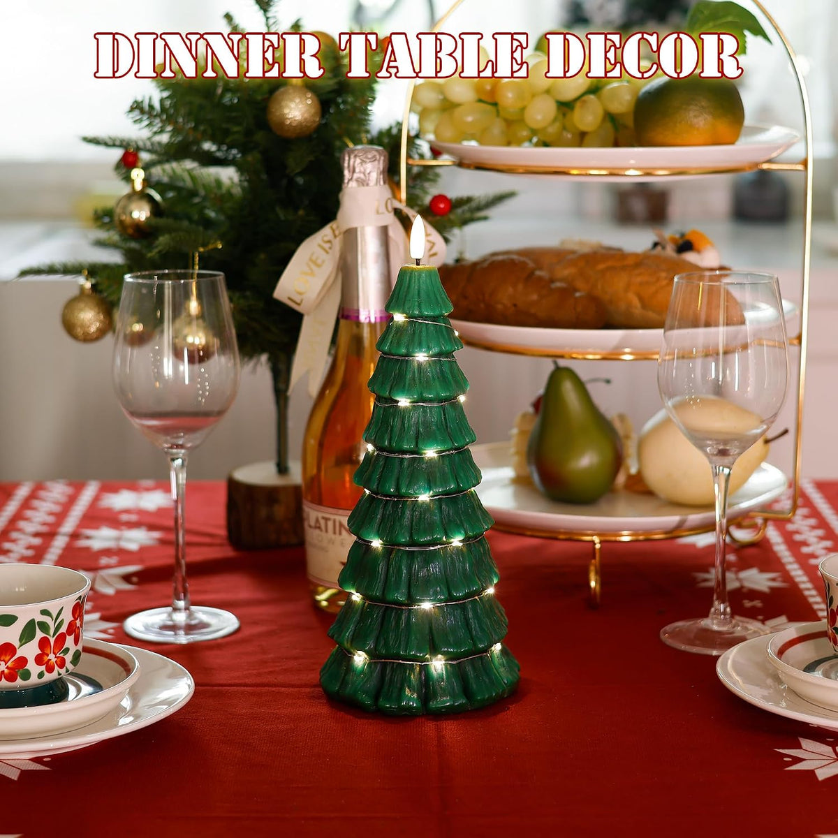 Flameless Christmas Tree Candles with Remote, 3D Flickering Flame Battery Operated LED Candle with Starlight String, Large Electric Tree Candles for Christmas Home Decor, Green