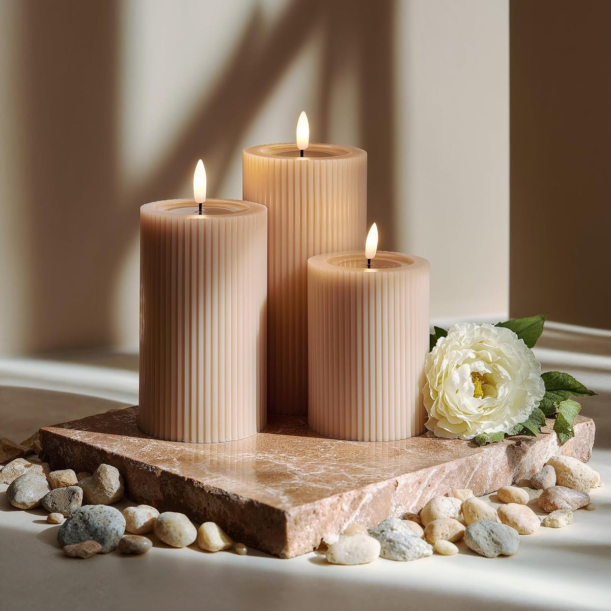 Fluted Ribbed LED Pillar Candles, Blush Beige, with Realistic Reflective Melted-Wax Effect – Flickering Flame, Remote, Dimmable, Flameless, Battery Operated, Home & Wedding Decor (Set of 3)