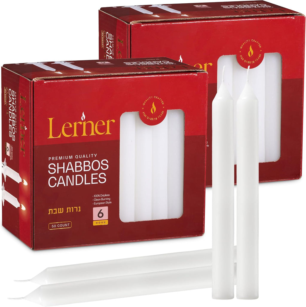 Lerner White Household Candlesticks, Pack of 100 | 6-Hour Burning Time | 7 Inch Tall Dinner Candles | 100% Dripless | Shabbat Candles | Candlesticks for Holidays, Churches, Décor, Emergencies