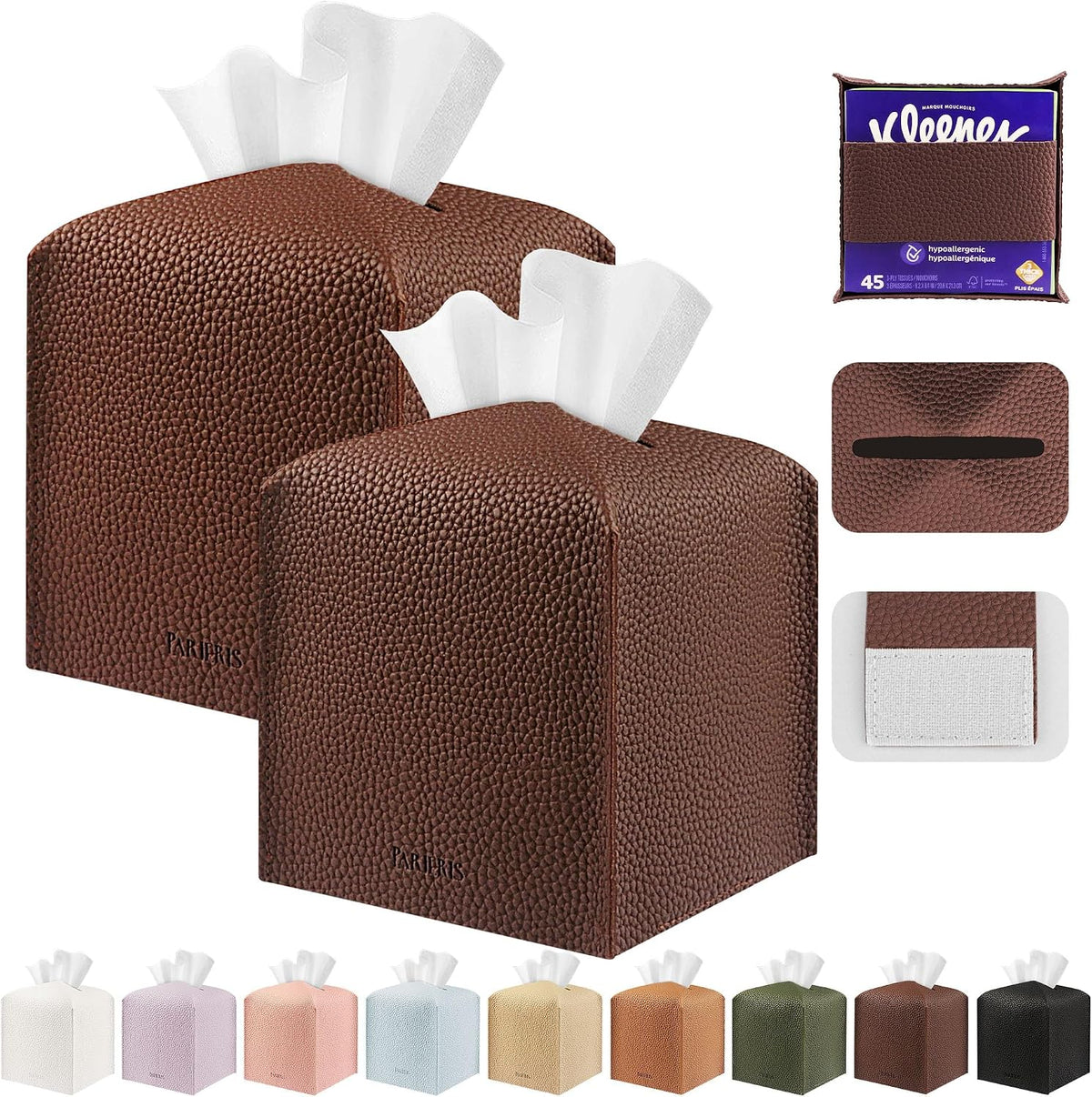 Tissue Box Cover Holder Square Tissue Cube Cover PU Leather Tissue Organizer with Bottom Belt for Bathroom, Tabletop, Car, Night Stands, Office, Home, Kitchen (2, CoffeeBrown)