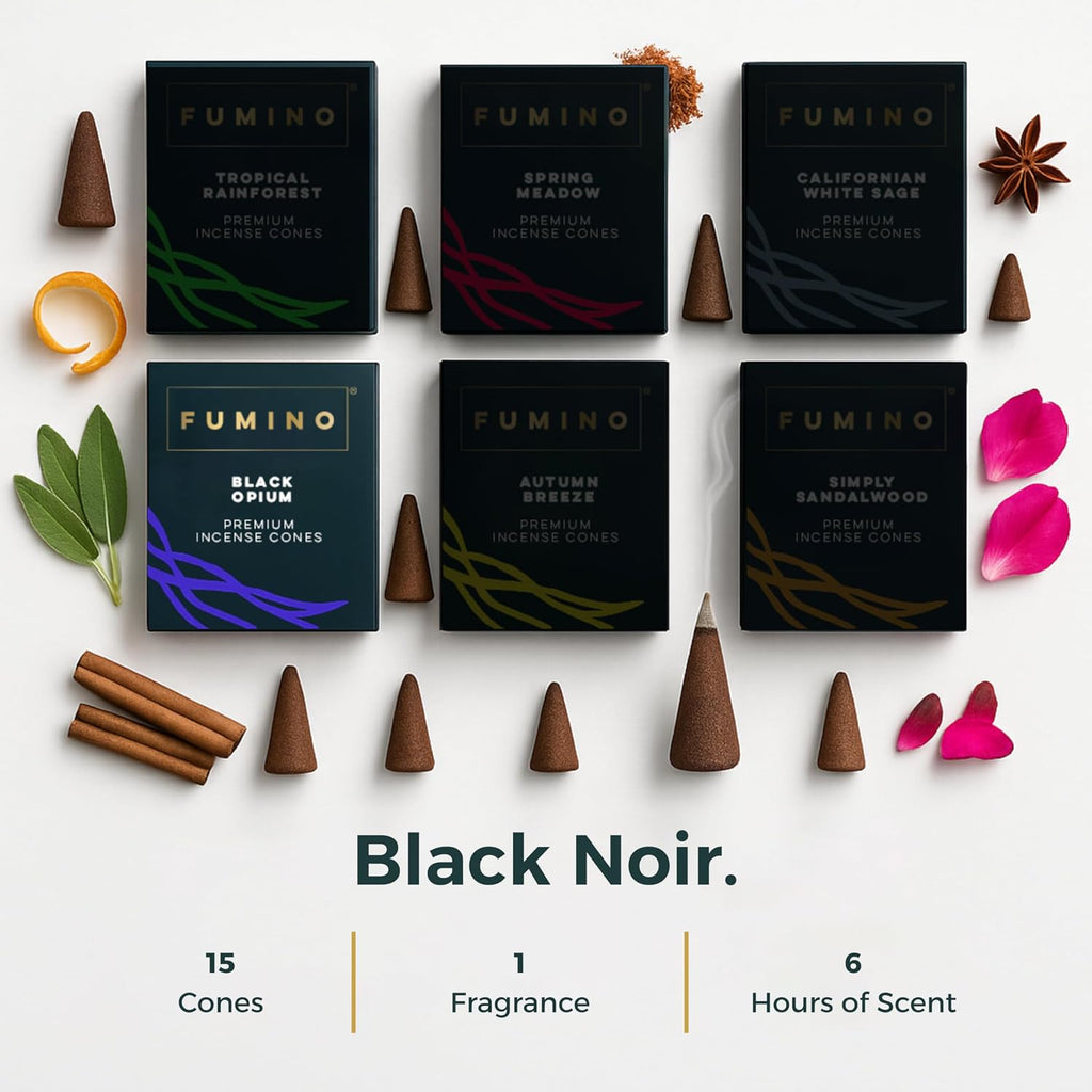 Fumino Black Noir Incense Cones 45 Pack - Handmade Natural Masala Incense Cones for Meditation & Home Fragrance, Low-Smoke Deep Woody & Musky Scent, Bureau Veritas Certified