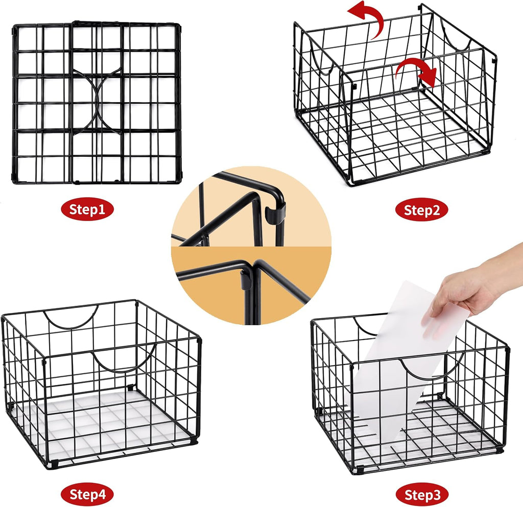 DINGTAI Metal Wire Basket Foldable Set of 4, Metal Bins for Organizing with PVC Sheet, 10.5x10.5in Wire Pantry Baskets Freezer Organizer Bins for Kitchen Closet Bathroom-Black