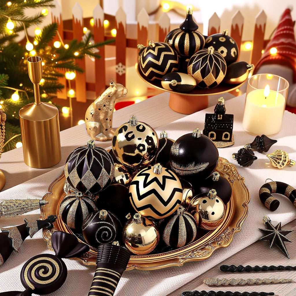 SHareconn 145pcs Christmas Balls Ornaments Set, Shatterproof Plastic Baubles Snowflakes, Xmas Tree Holiday Wedding Party Decorations with Hanging Strings, Gold and Black