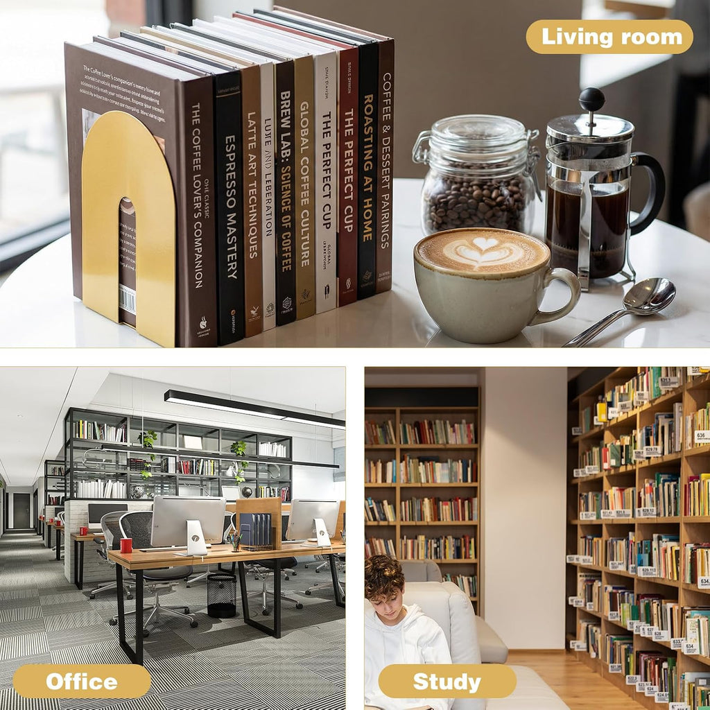 Set of 4 Golden Iron Book Ends for Heavy Books, Decorative Metal Bookends for Office Desk & Home Library, Elegant Book Holders for Shelves, Textbooks, Albums, Magazines (5.1x4.7x6.7 Inches)