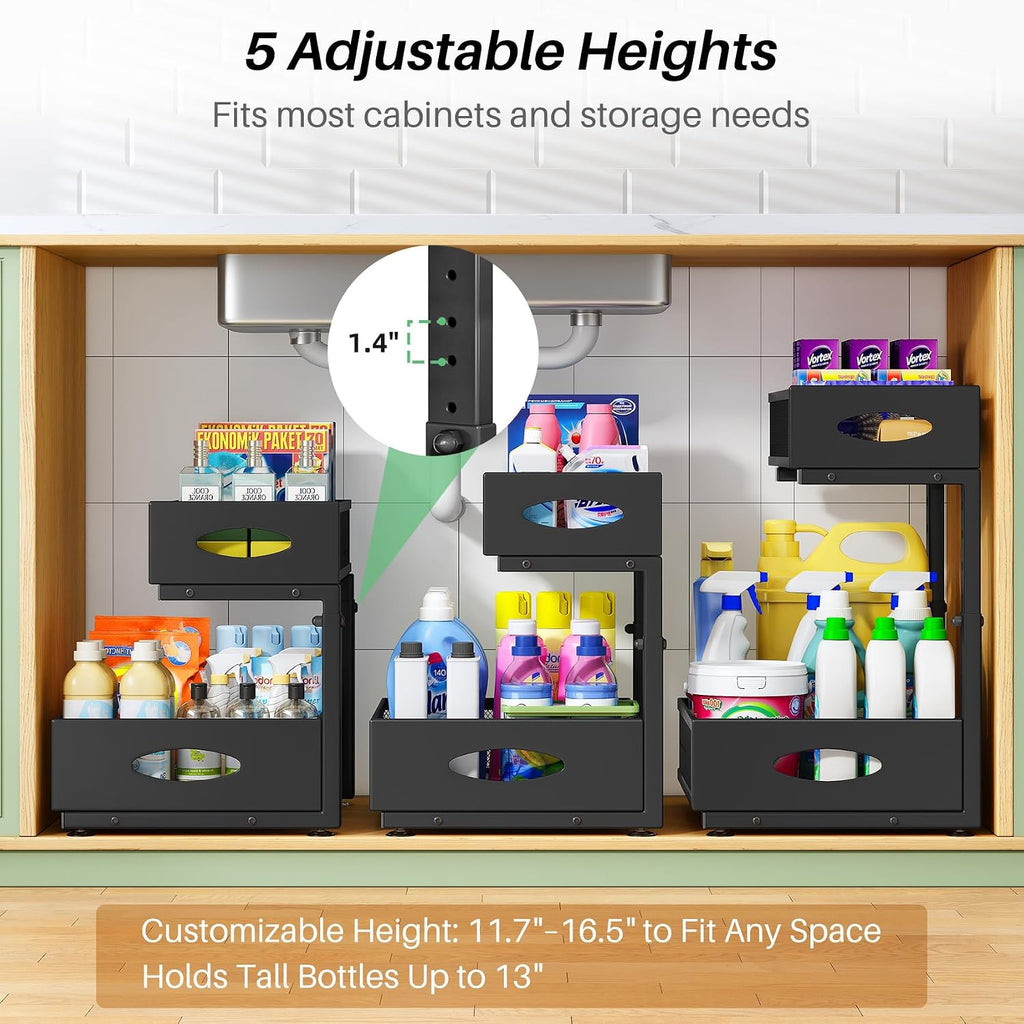 Under Sink Organizer, 2-Pack Pull Out Cabinet Organizer 2 Tier Metal Slide Out Storage Shelf Rack, L-Shaped Adjustable Height,Mesh Sliding Drawer for Kitchen, Bathroom, Laundry, Pantry, Black, XL